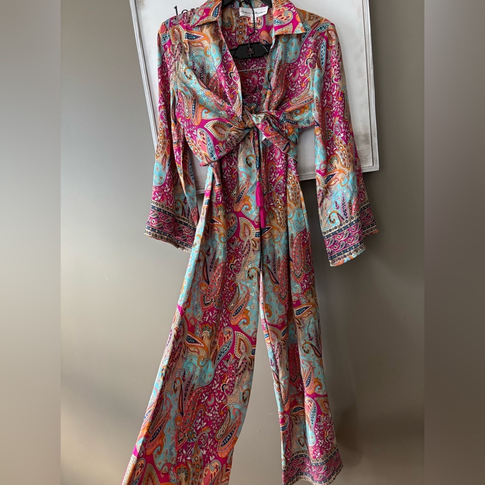 Bohemian Bell Sleeve Top & Wide Leg Pant Lounge Set Gold Accents NWOT S